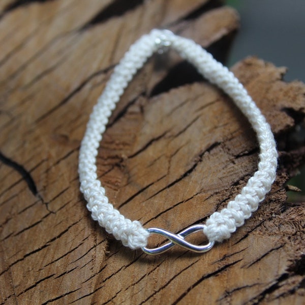 Cream Cotton Bracelet with Silver Infinity, Cotton Anniversary Gift for Her, 2nd Anniversary, 2 Year Anniversary Gift, Cotton Crochet Gift