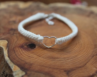 2nd Anniversary Cotton Bracelet in Cream with Cute Silver Heart, Cotton Anniversary Gift for Her, 2 Year Anniversary, Handmade Gift