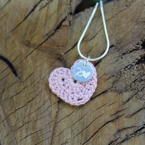 2nd Anniversary Light Pink Cotton Crochet Heart Necklace With Engraved Silver Tag, Cotton Anniversary, 2 Year Gift for Wife, Handmade Gift