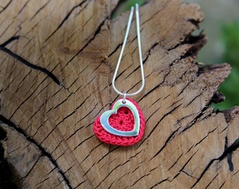 Crochet Cotton Heart Necklace, Sterling Silver, 2nd Anniversary Gift