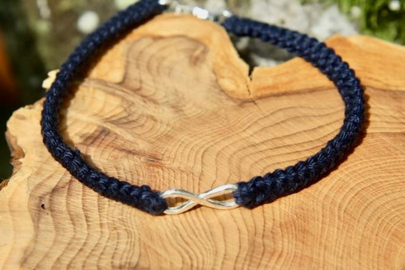 Elegant Navy Cotton Bracelet with Silver Infinity Charm - Perfect Unisex Cotton Anniversary Gift for 2nd Year, Handcrafted Cotton Crochet Accessory