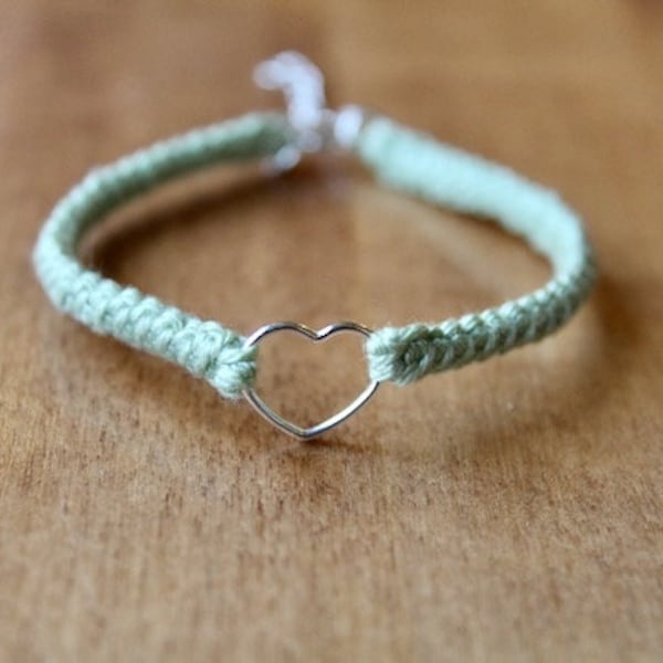 Light Green Cotton Bracelet with Cute Silver Heart, Cotton Anniversary, 2nd Anniversary Gift for Her, 2 Year Anniversary, Pure Cotton Gift