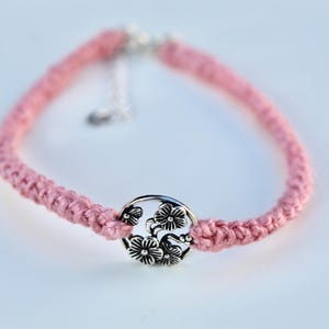 4th Anniversary Linen Bracelet in Dusky Pink with Silver Flax Flower, Linen Anniversary Gift for Wife, 4 Year Anniversary, Flower Bracelet