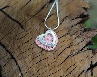 2nd Anniversary Cotton Crochet Heart in Light Pink with Open Silver Heart Necklace, Cotton Anniversary Gift, 2 Year Anniversary Gift Wife