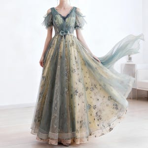 Dreamy Green Floral Tulle Prom Dress,Bridal Party Dress,Graduation Formal Dress,Birthday Gown,Gift for Her,Tulle Ball Gown,Evening Ball Gown