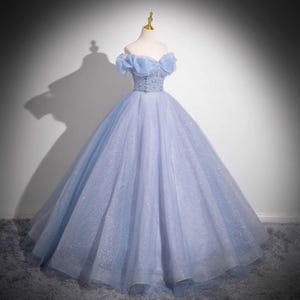 Pretty Blue Off Shouder Tulle Prom Dress,Graduation Dress,Evening Ball Gown,Evening Party Dress,Long Ball Gown,Princess Dress,Beaded Dresses