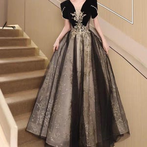 Retro Black Flower Tulle Ball Gown,Wedding Dress,Dress With Graduation,Evening Gown,Birthday Prom Dress,Bridal Dress,Bride Black Tulle Dress