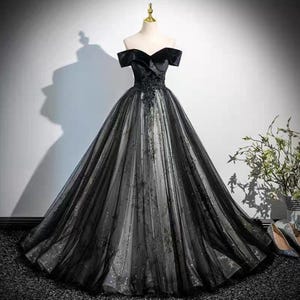 Black Off Shouder Tulle Prom Dress,Long Prom Dress,Elegant Birthday Gown,Evening Party Gown,Graduation Gown,Cocktail Dress,Black Ball Gowns