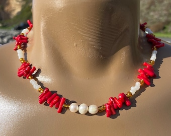 Red coral fresh water pearl necklace. pearl necklace, coral necklace , red coral necklace, seed bead necklace, beach necklace, elegant