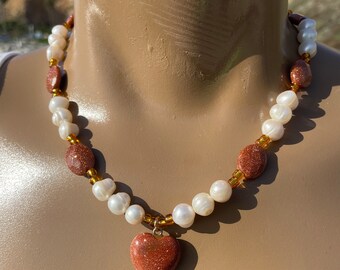goldstone necklace, fresh water pearl necklace, goldstone jewelry, pearl jewelry, pearl necklace, beach necklace, glitter necklace, mermaid