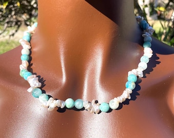 Apatite necklace, Pearl necklace, ocean necklace, seashell necklace, trendy necklace, beach jewelry, pearl jewelry, apatite jewelry