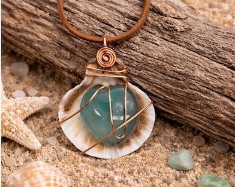 Green Fluorite Shell Necklace, Wire Wrapped Crystal Pendant, Coastal Boho Jewelry, Handmade Beach Necklace, Copper Wrapped Gemstone