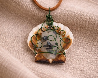 Green Tourmaline in Quartz Necklace, Raw Crystal Shell Pendant, Handmade Copper Wire Wrapped Jewelry, Natural Gemstone Ocean Inspired Gift