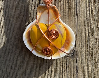 Yellow Jasper Heart Necklace, Wire Wrapped Crystal Necklace, Copper Pendant, Handmade Boho Jewelry, Natural Shell Necklace, Gift for Her