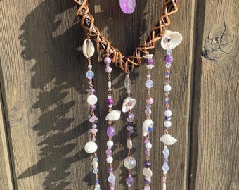Handmade Coastal Heart Wall Hanging, Amethyst Gemstone, Seashell Decor, Boho Beaded Wall Art, Beach Home Decor Gift