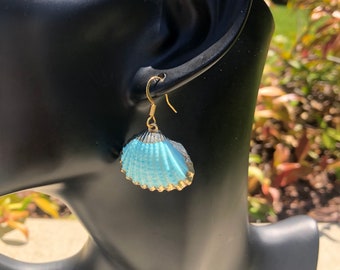Gold plated, blue earrings, gold plated earrings, seashell earrings, summer earrings, beach jewelry, gold earrings