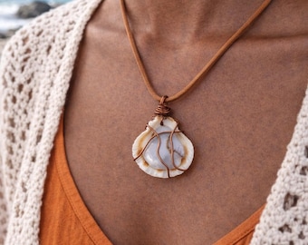 Blue Chalcedony Shell Necklace, Wire Wrapped Crystal Pendant, Coastal Boho Jewelry, Handmade Beach Necklace, Copper Gemstone