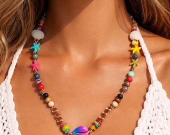 Colorful Coastal Beaded Necklace with Shell Pendant | Handmade Boho Beach Jewelry | Gemstone, Glass & Wood Statement Necklace