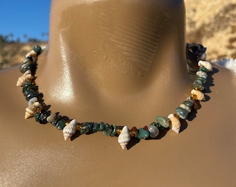 Fancy jasper necklace, seashell necklace, seashell jewelry, fancy jasper jewelry, green gemstone, crystal necklace, beach jewelry, mermaid