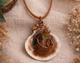 Brown Agate Shell Necklace, Wire Wrapped Crystal Pendant, Coastal Boho Jewelry, Handmade Beach Necklace, Copper Gemstone