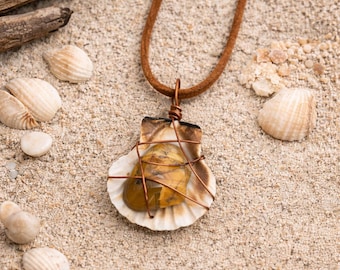 Yellow Jasper Shell Necklace | Handmade Coastal Boho Jewelry, seashell necklace, beach necklace