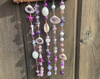 Purple Coastal Boho Wall Hanging with Gemstone, Seashell & Glass Beads | Handmade Ocean-Inspired Decor | Amethyst Tones Hanging Art