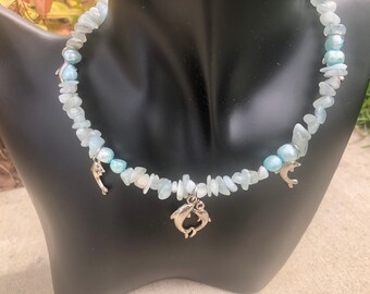 Dolphin choker, dolphin necklace, pearls, aquamarine choker, choker necklace, choker collar necklace, pearl necklace, pearl choker