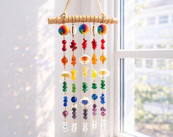 Rainbow Gemstone & Seashell Suncatcher | Handmade Boho Wall Hanging | Amethyst, Coral, Sodalite, Pearl | Copper Wire Coastal Decor