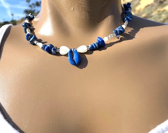 Lapis necklace, cowrie shell necklace, blue necklace, heart necklace, lapis lazuli necklace, glass seed bead necklace, gemstone necklace