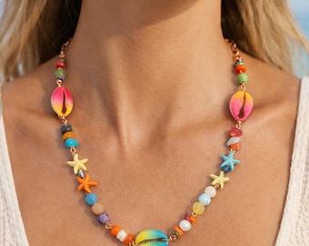 Colorful Coastal Shell Necklace with Starfish Charms | Handmade Boho Beach Jewelry | Bright Summer Statement Necklace