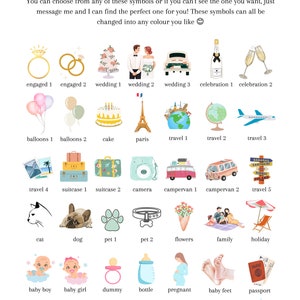 Pu&ograve; includere: Un grafico con illustrazioni colorate di vari simboli, tra cui fedi nuziali, palloncini, torta, la Torre Eiffel, valigie, una macchina fotografica, un camper, un gatto, un cane, un'impronta di zampa, fiori, una famiglia, un bambino, una bambina, un ciuccio, una bottiglia, una donna incinta, piedi di bambino, un passaporto, un cappello da festa, un regalo, un test di gravidanza, una casa, un cinema e un castello. Il testo sotto ogni simbolo identifica il simbolo.