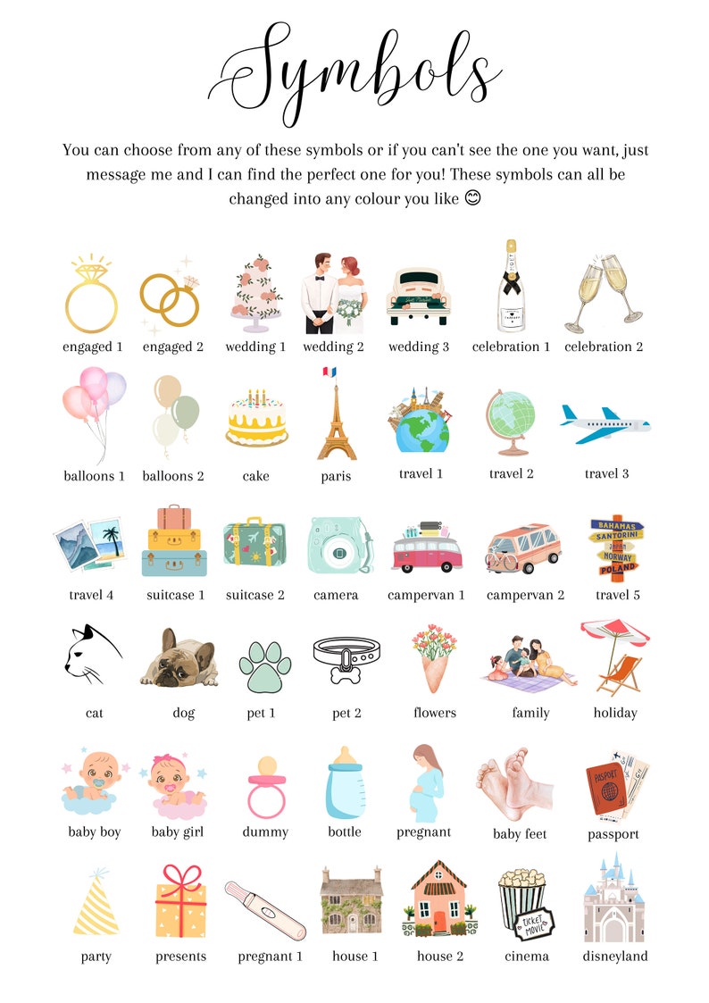Pu&ograve; includere: Un grafico con illustrazioni colorate di vari simboli, tra cui fedi nuziali, palloncini, torta, la Torre Eiffel, valigie, una macchina fotografica, un camper, un gatto, un cane, un'impronta di zampa, fiori, una famiglia, un bambino, una bambina, un ciuccio, una bottiglia, una donna incinta, piedi di bambino, un passaporto, un cappello da festa, un regalo, un test di gravidanza, una casa, un cinema e un castello. Il testo sotto ogni simbolo identifica il simbolo.