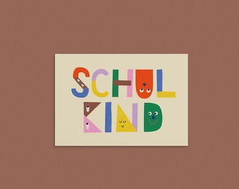 Postcard schoolchild faces / first day of school / school cone / first grade / start of school