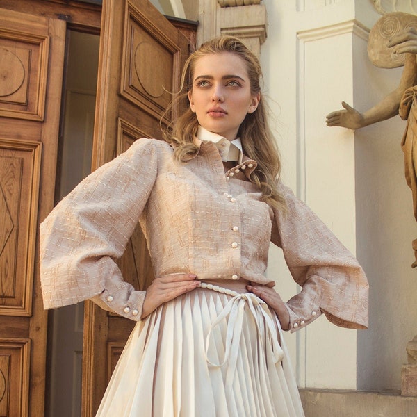 Blouse van zijdekatoenen jacquard: elegant knoopjack met lange mouwen