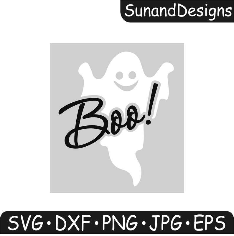 May include: A white ghost with a smiling face and outstretched arms says "Boo!" in black text on a gray background.