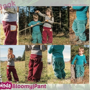 May include: A collection of children wearing corduroy pants in various colors, including teal, burgundy, and brown. The pants have a unique design with a wide leg and a gathered waist. The image includes the text "nänoða Bloomy|Pant".