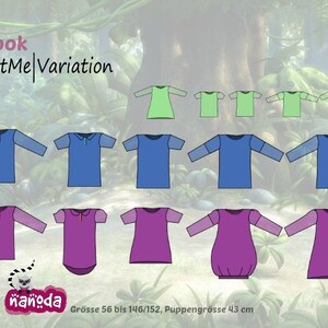 Op de afbeelding: Een grafiek die verschillende variaties van een kledingpatroon voor kinderen laat zien. Het patroon omvat een ​​langarm shirt, een shirt met korte mouwen, een jurk en een slaapzak. De getoonde kleuren zijn groen, blauw en paars. De tekst "eBook JustMe|Variation" staat bovenaan de grafiek. De tekst "Grösse 56 bis 146/152, Puppengrösse 43 cm" staat onderaan de grafiek.