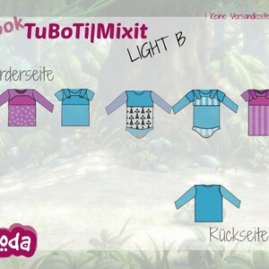 Könnte beinhalten: Eine digitale Illustration von sechs verschiedenen Babybekleidungsdesigns. Die Designs beinhalten ein langärmliges Shirt mit einem pink-violetten Punkte-Muster, ein langärmliges Shirt mit einem blau-weißen Streifenmuster, ein langärmliges Shirt mit einem blau-weißen geometrischen Muster, ein langärmliges Shirt mit einem blau-weißen Streifenmuster, ein langärmliges Shirt mit einem pink-violetten Streifenmuster und ein langärmliges Shirt in einfarbiger blauer Farbe. Der Text "eBook TuBoTiLjMixit LIGHT B" befindet sich oben im Bild.