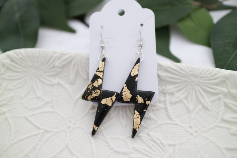 Nickel Free Earrings Black and Gold Foil Lightning Bolt Earrings Statement Earrings Abstract Earrings Handmade Earrings