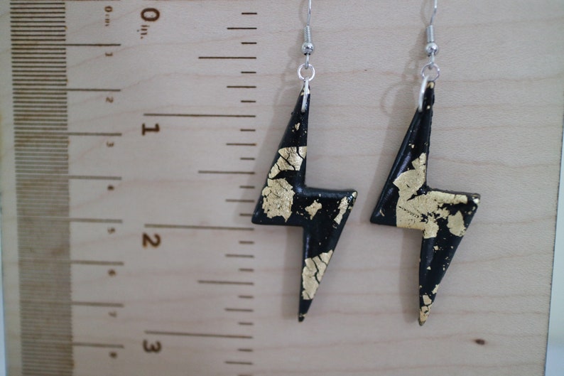 Nickel Free Earrings Black and Gold Foil Lightning Bolt Earrings Statement Earrings Abstract Earrings Handmade Earrings