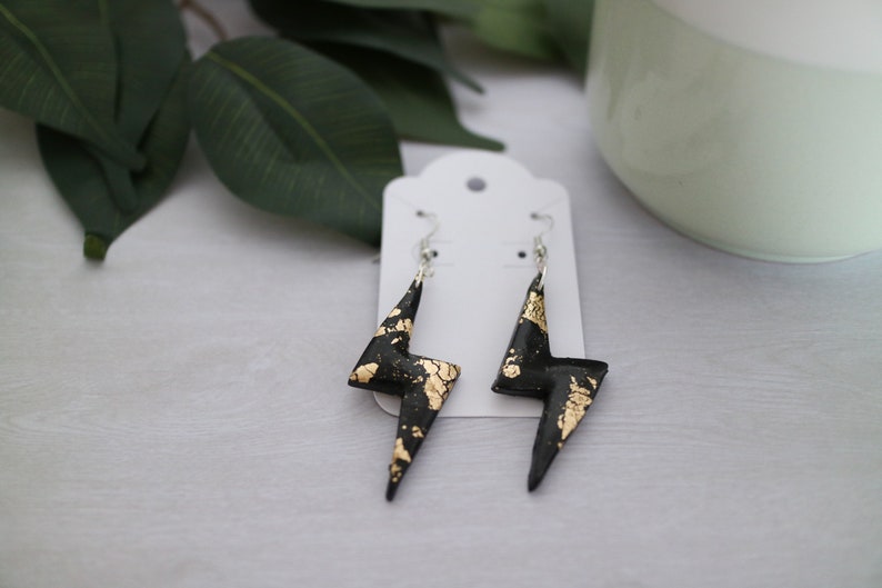 Nickel Free Earrings Black and Gold Foil Lightning Bolt Earrings Statement Earrings Abstract Earrings Handmade Earrings