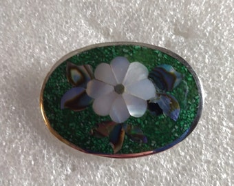 Alpaca Mexico green abalone and mother of pearl flower brooch