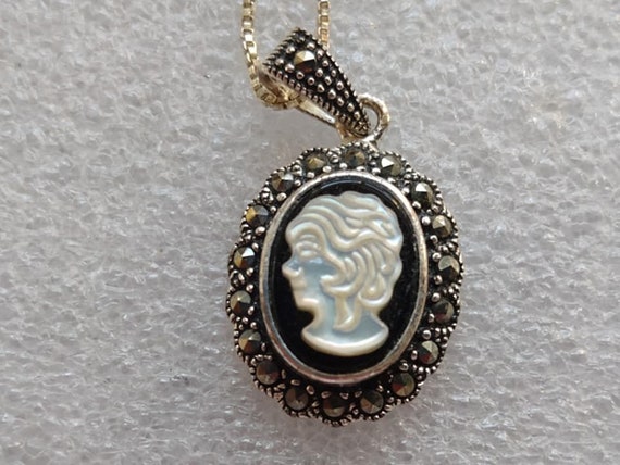 Marcasite cameo necklace on sterling silver chain - image 1