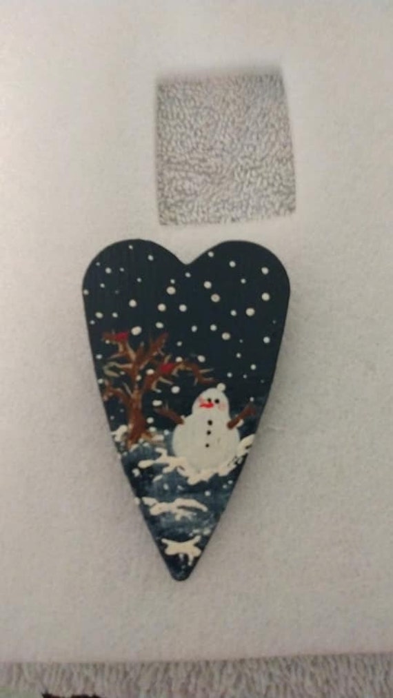 Hand-painted heart-shaped metal snowman brooch