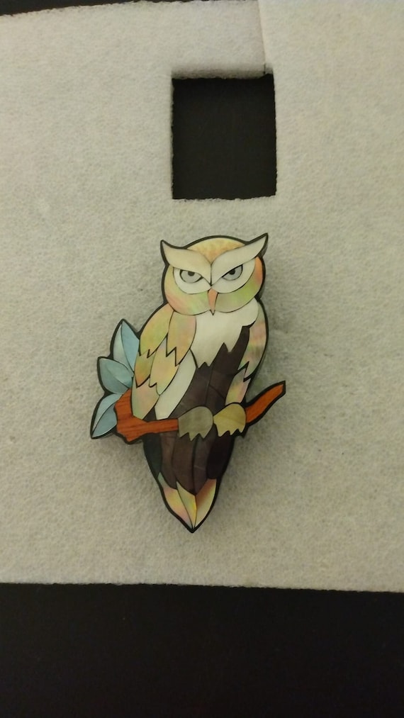 Handmade inlaid abalone owl brooch