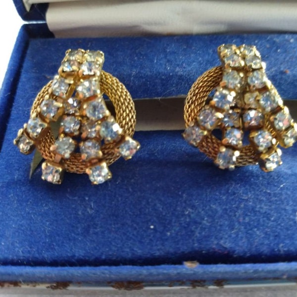 Jewels by Julio midcentury modern space age gold tone rhinestone screw-back earrings