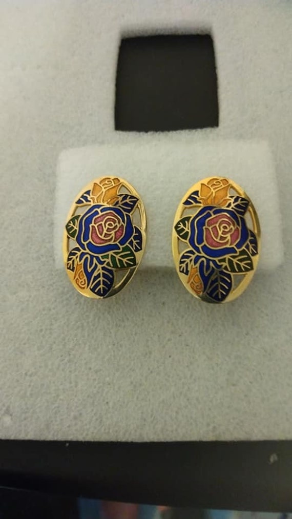Blue and yellow rose enamel clip-on earrings