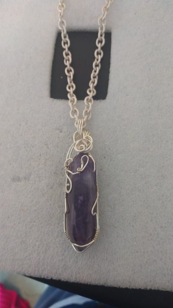 Large wire-wrapped amethyst crystal pendant neckla