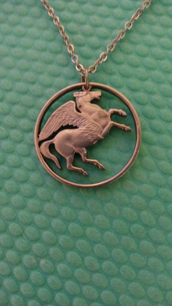 Handmade 1970s-era Pegasus Greek coin art pendant 
