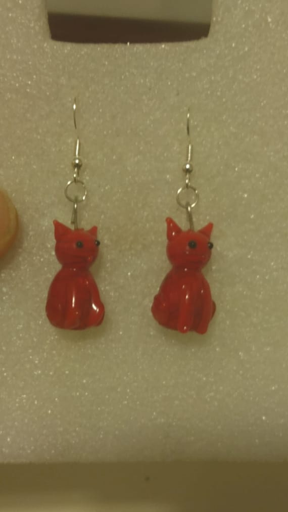 Handmade red glass cat earrings